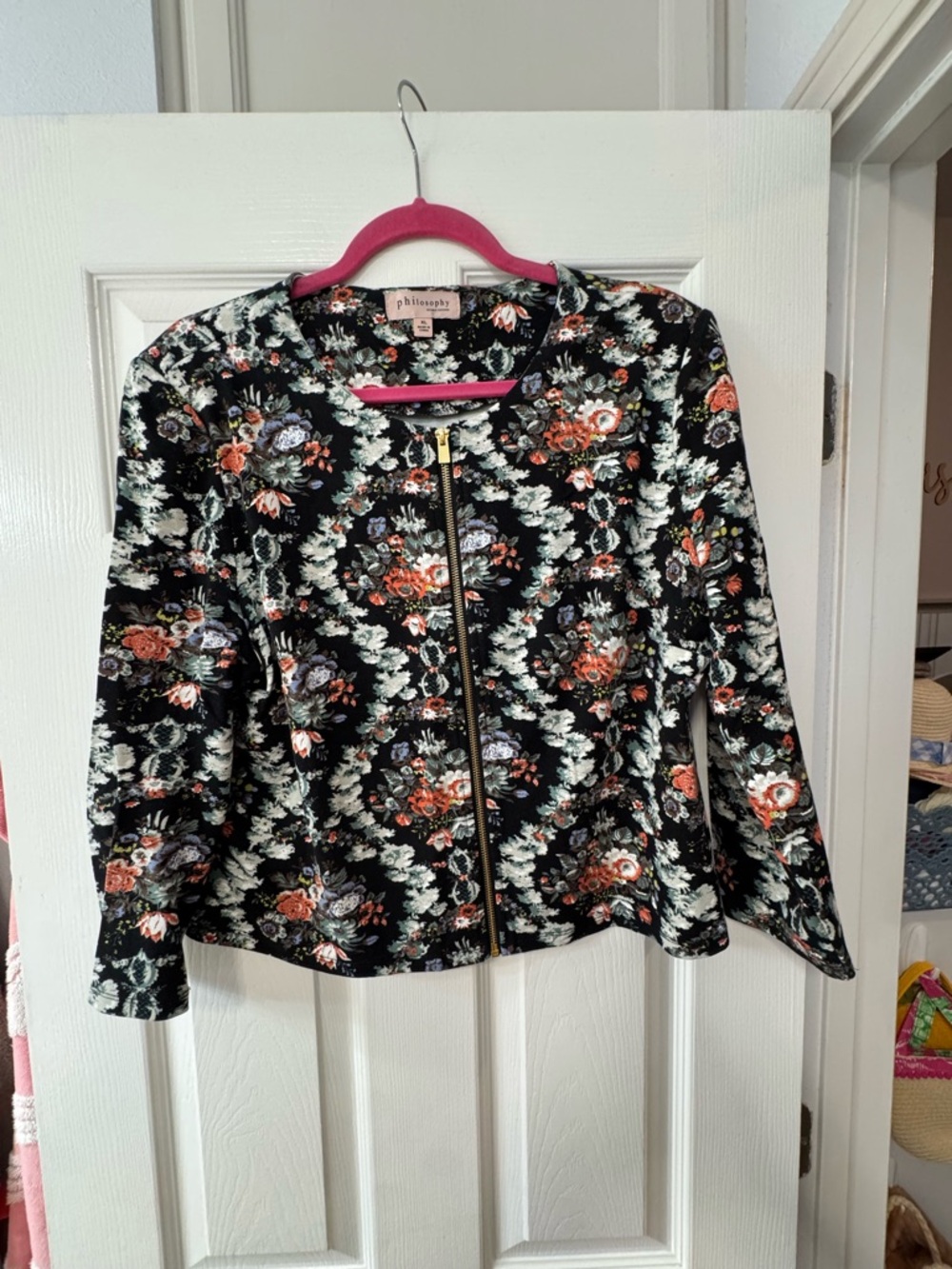 Philosophy Black Floral Zip Jacket with Coral, Sage & Pale Blue Blooms